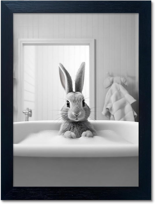 Skiennix Kids Bathroom Wall Art - Cute Black and White Rabbit Canvas Print | Fun Bathtub Decor