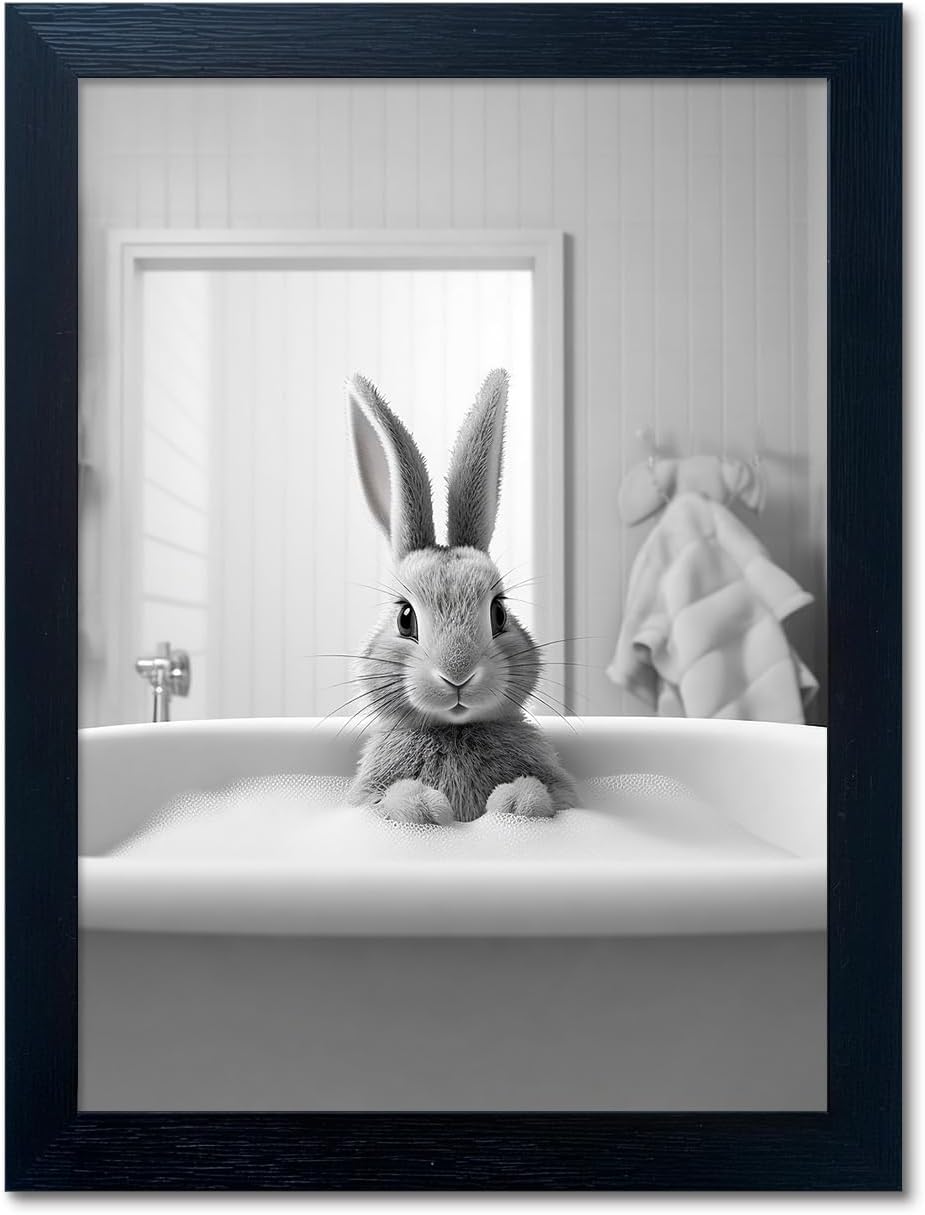 Skiennix Kids Bathroom Decor - Cute Black and White Animal Canvas Wall Art | Funny Rabbit in Bathtub