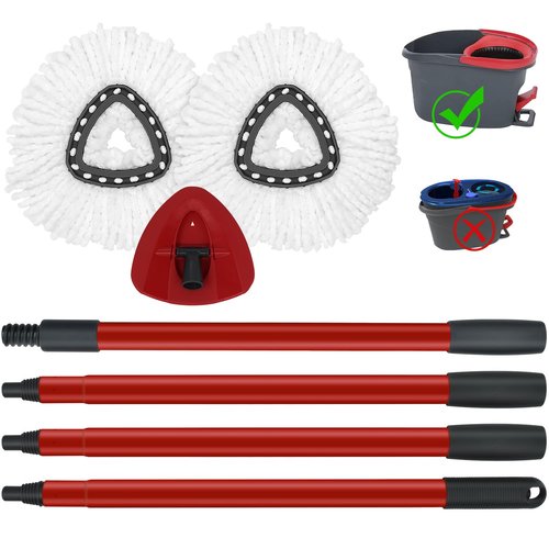 Mop Replace Heads Mop Handle and Mop Base Replacement for O Cedar EasyWring 1-Tank Spin Mop System, 2 Microfiber Mop Head Refills, 4-Section Iron Mop Handle 30-58in and 1 Mop Head Cover Set(No Bucket)