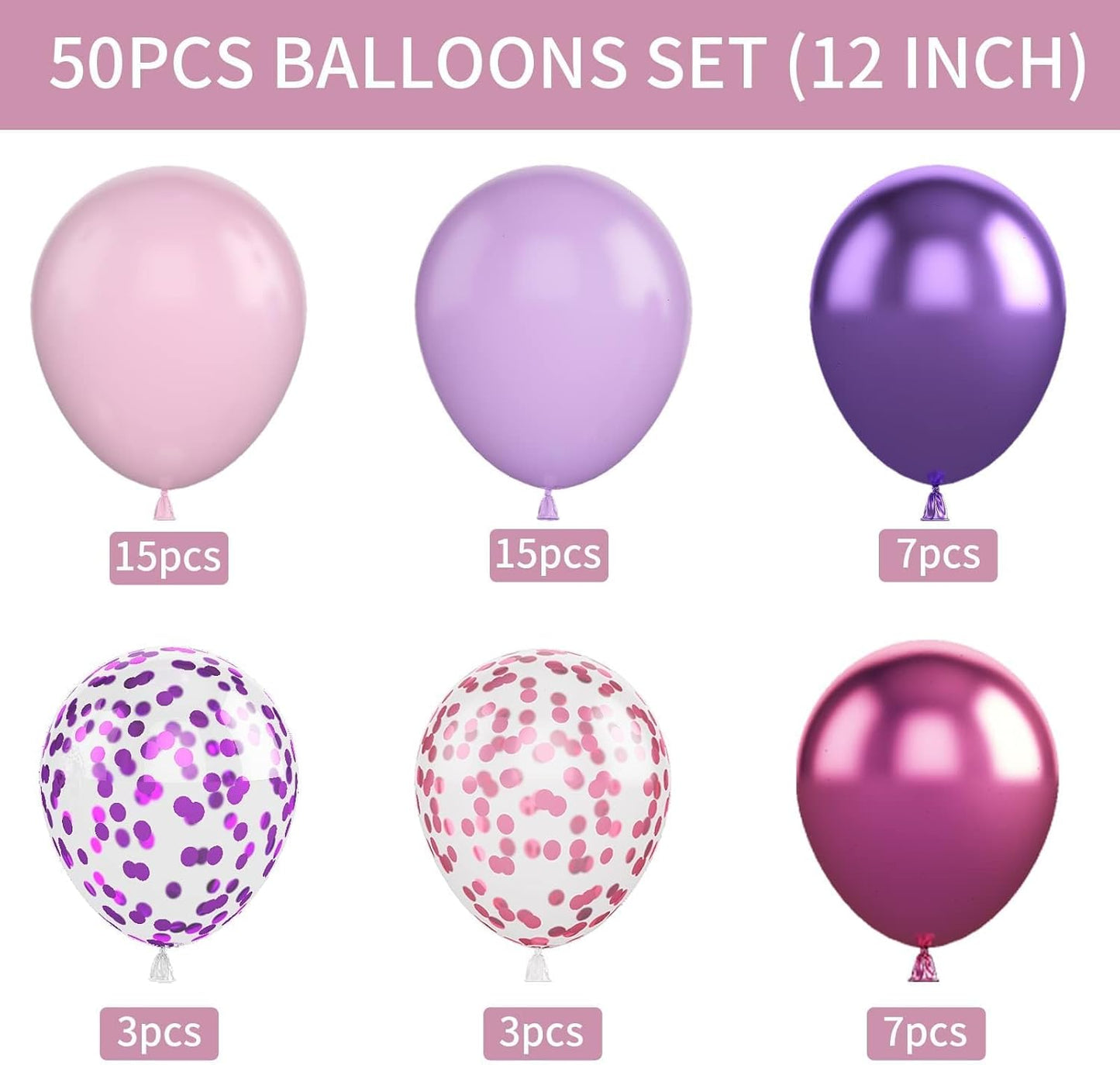 Skiennix 50PCS 12-Inch Confetti Balloons - Metallic Pink & Purple Latex Balloons for Parties