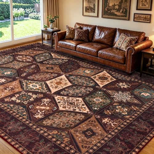 Vintage Washable Area Rug 4x6 Feet Distressed Patchwork Brown - Pet Friendly
