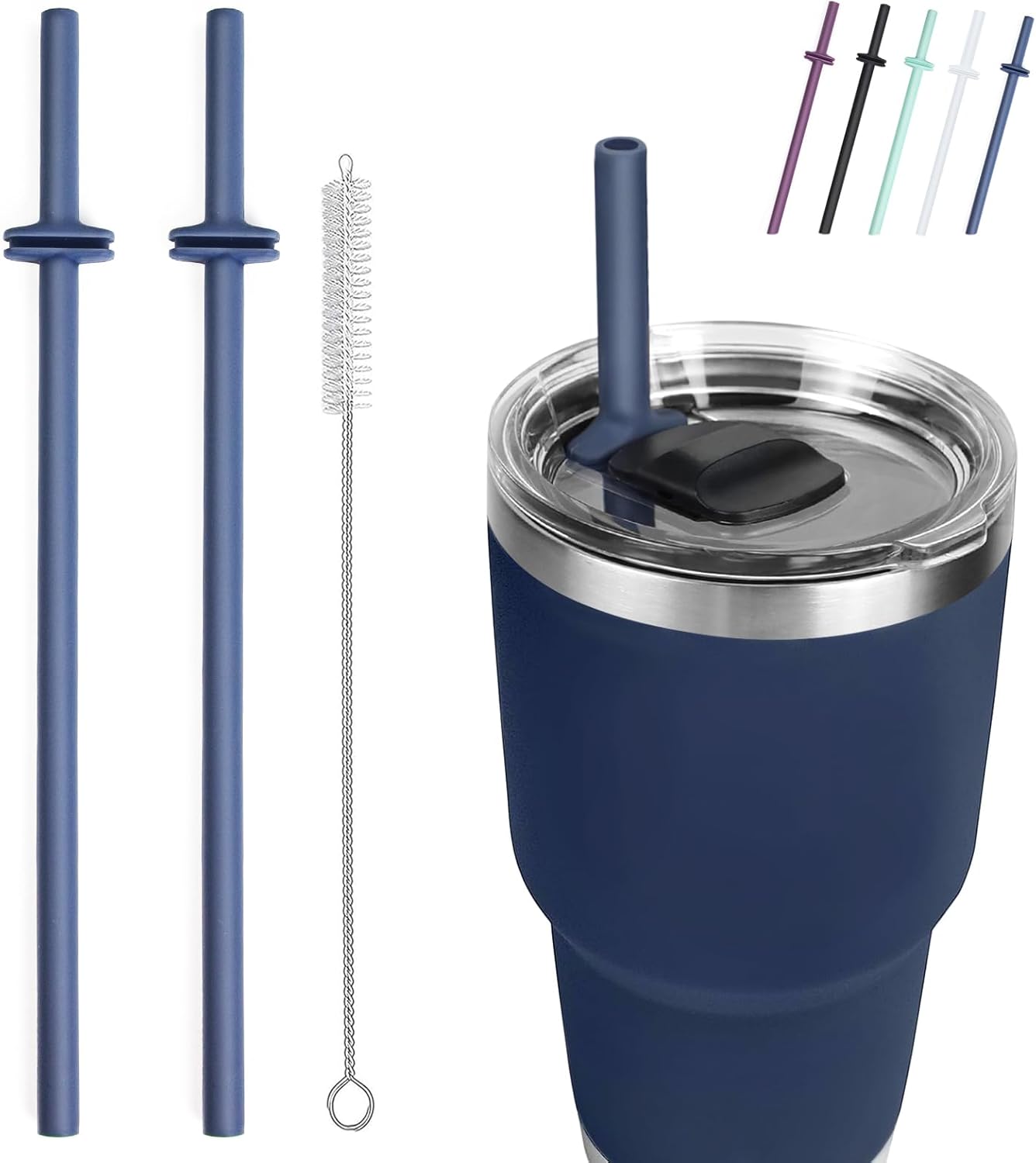Yeti | Silicone Straws for Rambler Tumblers - 2 Reusable Straws & Cleaning Brush | Navy