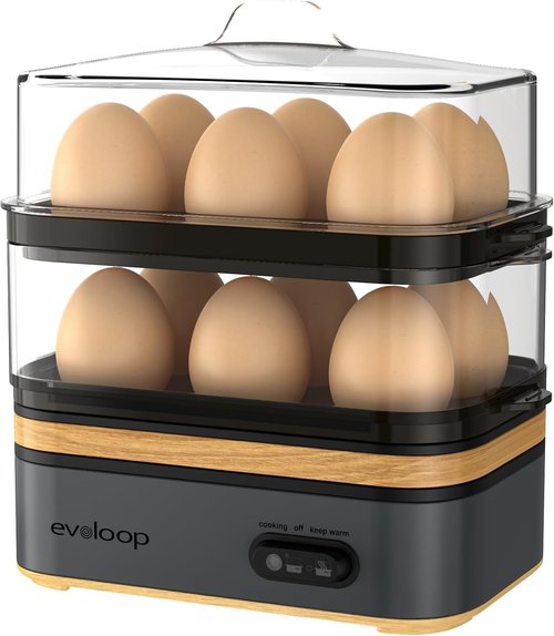 Evoloop Rapid Egg Cooker - Electric 12-Egg Capacity for Soft, Medium, Hard Boiled & Poached Eggs | BPA-Free Grey Design