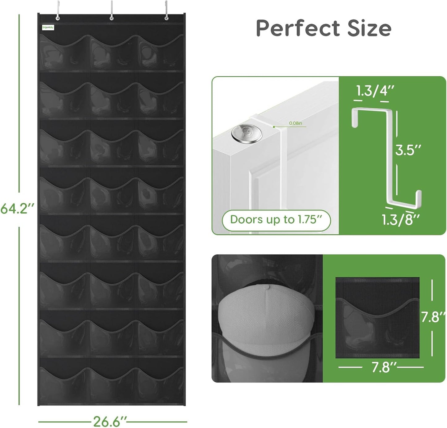 Unjumbly Baseball Hat Rack - 24 Pocket Over-The-Door Organizer with Clear Pockets | Black