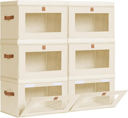Homsorout Large Closet Storage Bins - Collapsible Clothing Organizer with Handles & Lids | 6 Pack Beige