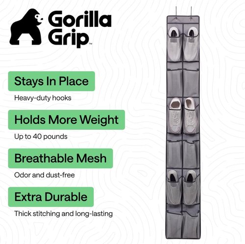 GORILLA GRIP Over The Door Shoe Organizer - 12 Large Breathable Mesh Pockets | Space-Saving Hanging Storage, Grey 64H x 9.5W