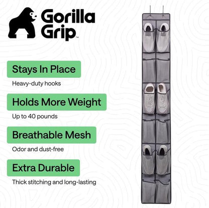 GORILLA GRIP Over The Door Shoe Organizer - 12 Large Breathable Mesh Pockets | Space-Saving Hanging Storage, Grey 64H x 9.5W