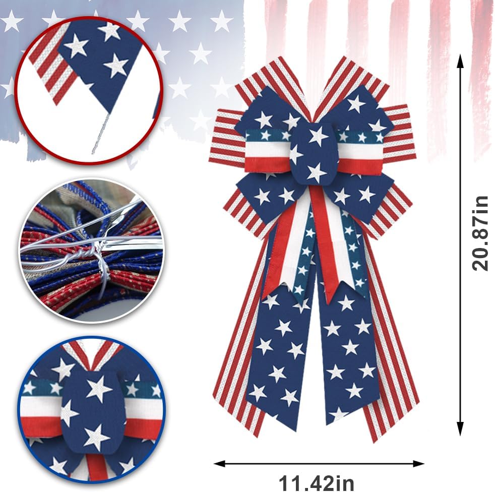 Threetols Patriotic Wreath Bows - Large Red, White & Blue Burlap Bows for Memorial Day & 4th of July Decor