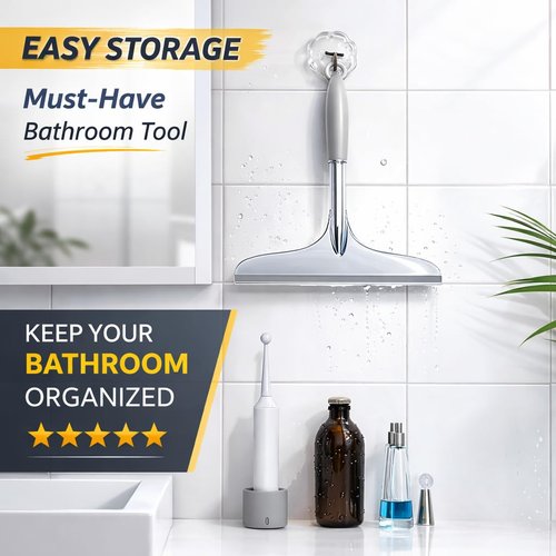 Shower Squeegee for Glass Shower Doors Bathroom Tile Mirror – Streak-Free Silent Window Cleaner with Non-Slip Handle and Adhesive Hook for Car and Home Cleaning