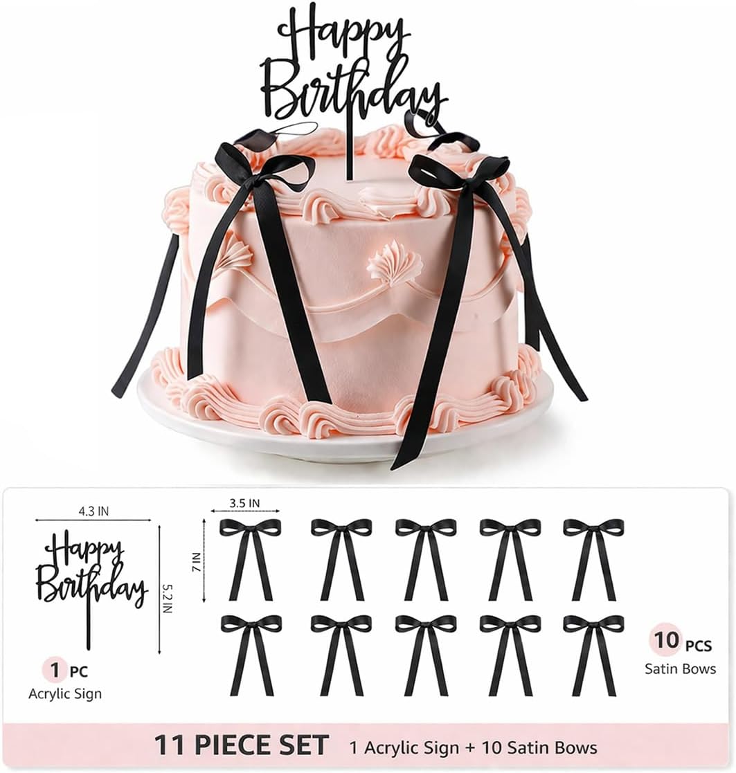 Skiennix Black Satin Cake Bows - 11 Pcs Coquette Toppers with Happy Birthday Sign | Perfect for Birthdays, Baby Showers & Weddings