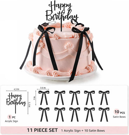 Skiennix Black Satin Cake Bows - 11 Pcs Coquette Toppers with Happy Birthday Sign | Perfect for Birthdays, Baby Showers & Weddings
