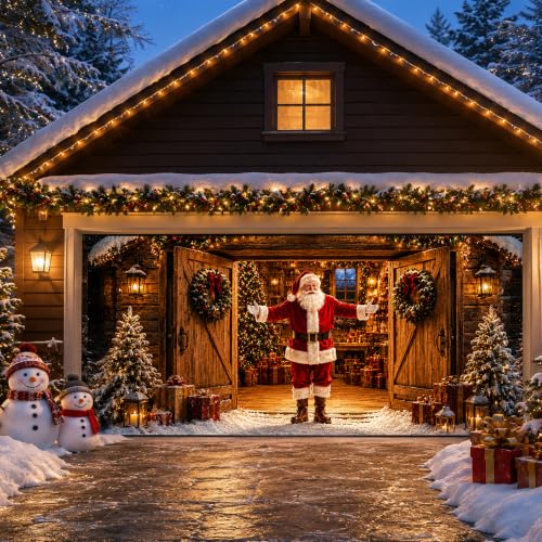 Christmas Garage Door Cover Decorations Santa Welcomes You Home Banner - 16x7 ft, Outdoor Weather-Resistant Fabric, Complete Hanging Kit Included