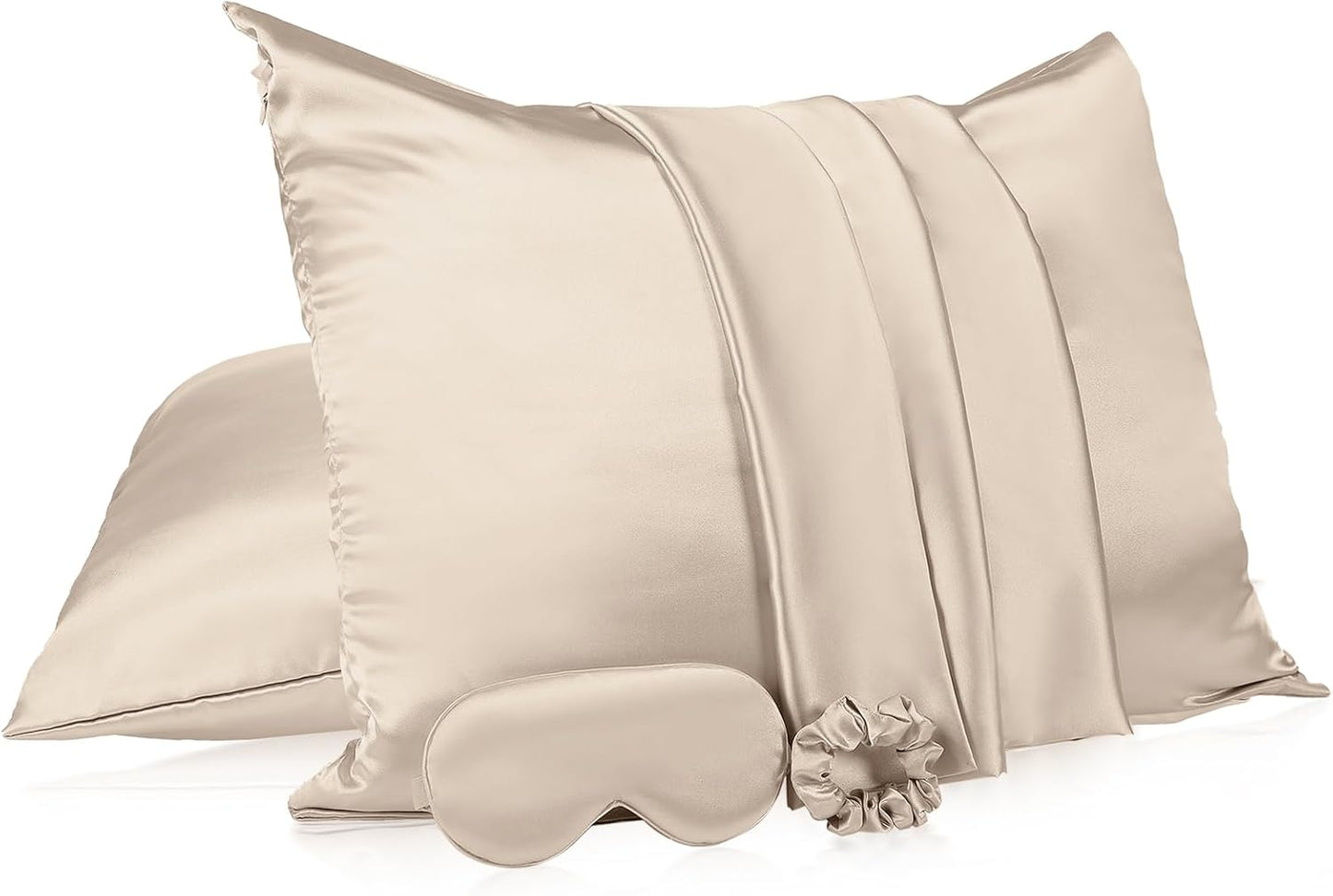 Skiennix Satin Pillowcase Set - 2 Pack with Hidden Zipper, Adjustable Eye Mask & Volume Scrunchie | Champagne