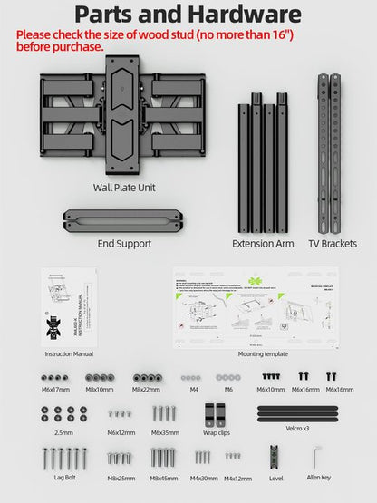 USX MOUNT Ultra Slim TV Wall Mount for Most 37-82 inch Television, Full Motion TV Mount Dual Swivel Articulating Tilt 6 Arms, Up to 120lbs, VESA 600x400mm, Max 16" Wood Studs, XML602-K