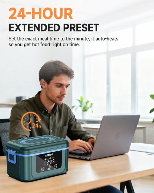 GEARGO Cordless Electric Lunch Box - 6.3 Cups, 24000mAh Rechargeable & 24-Hour Self-Heating