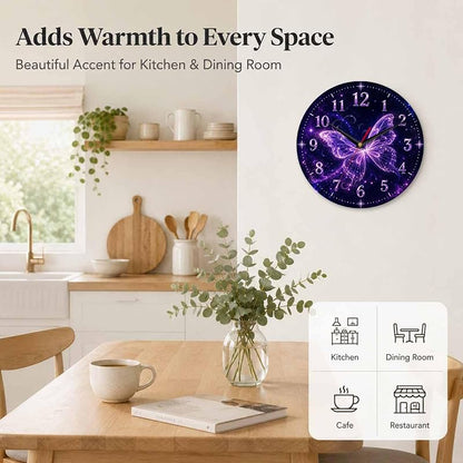 Glowing Purple Butterfly Wall Clock 10 Inch - Silent, Vintage Retro Farmhouse