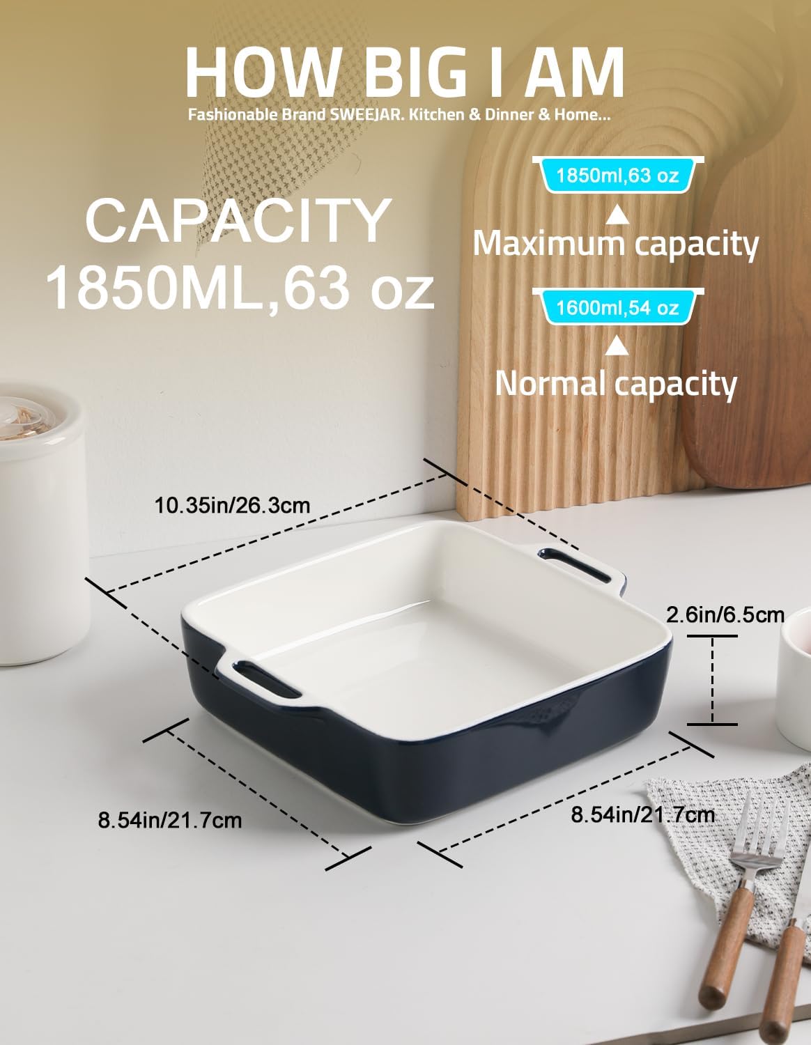 Sweejar 8x8 Baking Pan - Ceramic Casserole Dish with Double Handles | 2 QT Square for Brownies, Lasagna, Family Dinners (Navy)