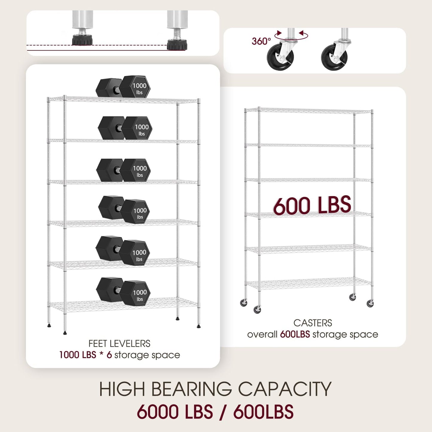 BestOffice Wire Shelving Unit - Heavy Duty 6-Shelf Metal Rack with Adjustable Height | 6000LB Capacity, Chrome Finish, 18x48x77