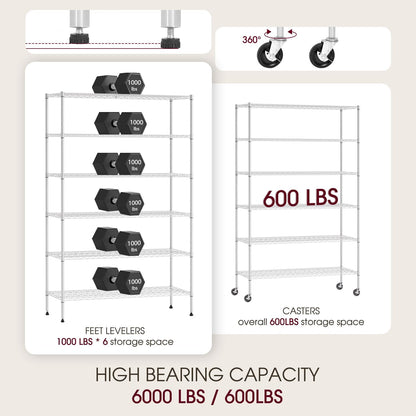 BestOffice Wire Shelving Unit - Heavy Duty 6-Shelf Metal Rack with Adjustable Height | 6000LB Capacity, Chrome Finish, 18x48x77