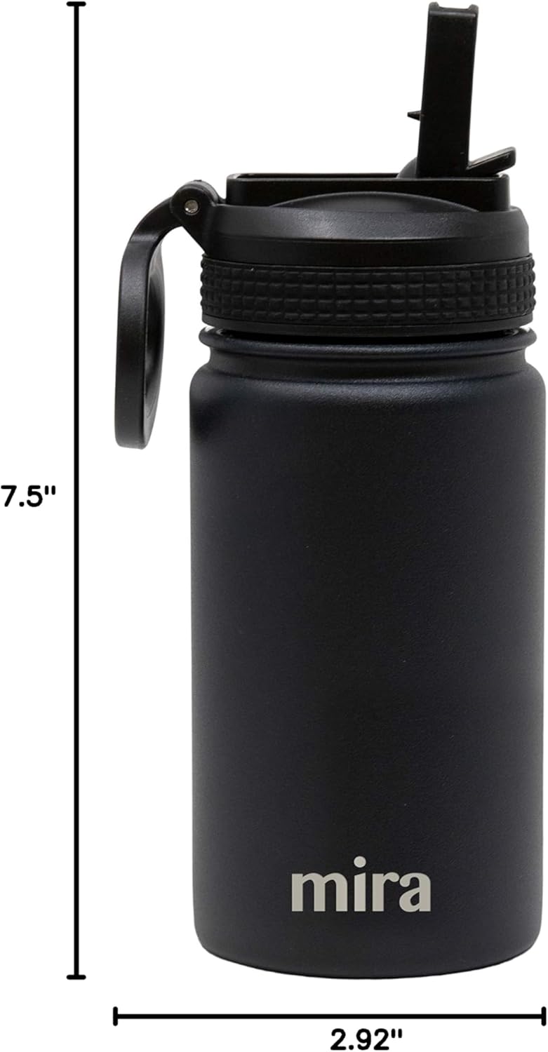 MIRA 12 oz Insulated Water Bottle - Leak-Proof Stainless Steel with Straw Lid for Travel & Gym - Black