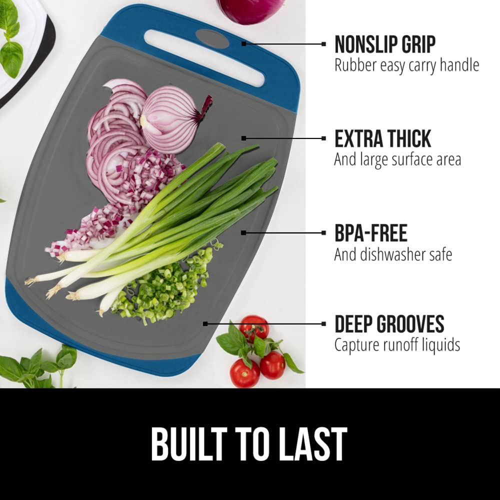 The Original Gorilla Grip Oversized 100% BPA Free Reversible Durable Kitchen Cutting Board Set of 3, Juice Grooves, Dishwasher Safe, Easy Grip Handle Border, Food Chopping Boards, Cooking, Blue Gray