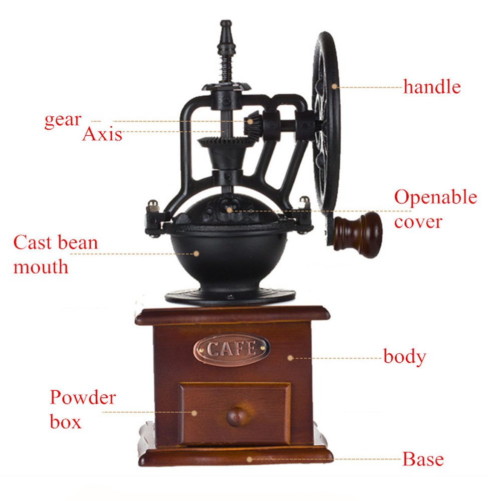 MOON-1 Manual Coffee Grinder Antique Cast Iron Hand Crank Coffee Mill With Grind Settings & Catch Drawer ，120 x 120 x 260mm..