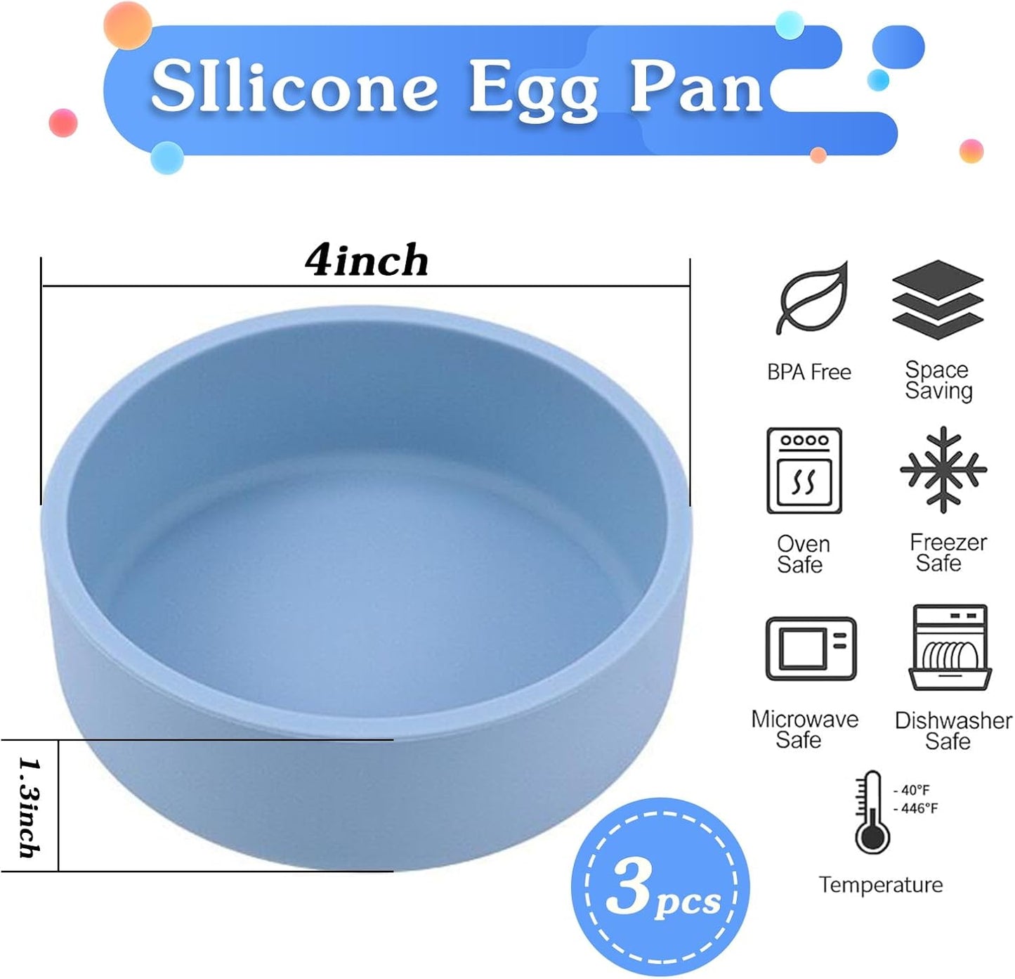ZHYEEDAA Silicone Egg Molds - 3Pcs Reusable Individual Egg Bite Maker | BPA Free, Dishwasher Safe, Round Blue