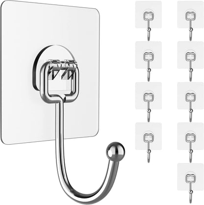 Skiennix Heavy-Duty Wall Hooks - 44lb Capacity, Self-Adhesive & Removable, 10-Pack, Clear & Waterproof
