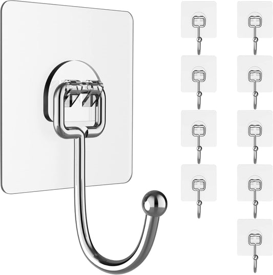 Skiennix Heavy-Duty Wall Hooks - 44lb Capacity, Self-Adhesive & Removable, 10-Pack, Clear & Waterproof