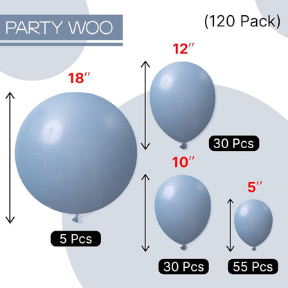PartyWoo Dusty Blue Balloons - 120-Piece Pack with 18, 12, 10, 5 Inch Sizes | Boho Neutral Decor for Baby Showers & Graduations