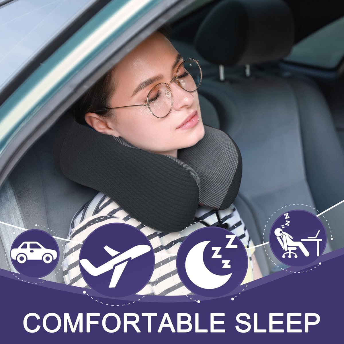 Napfun Neck Pillow - Memory Foam Travel Pillow with Pouch, Sleep Mask & Earplugs | Black Striped Kit