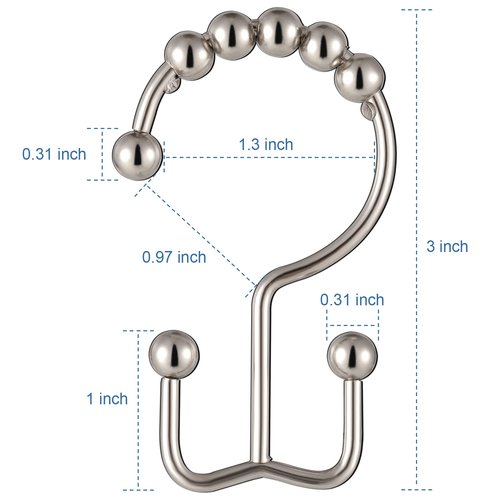 TOPROD Shower Curtain Hooks Rings, Double Sided Shower Curtain Hooks, Stainless Steel Shower Hooks Rust Proof for Bathroom Shower Curtain Rod Curtains, Free Gliding, Brushed Nickel, Set of 12