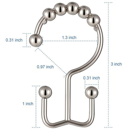 TOPROD Shower Curtain Hooks Rings, Double Sided Shower Curtain Hooks, Stainless Steel Shower Hooks Rust Proof for Bathroom Shower Curtain Rod Curtains, Free Gliding, Brushed Nickel, Set of 12