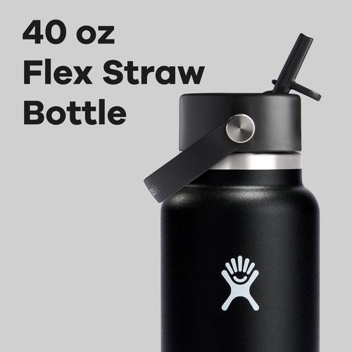 Hydro Flask Water Bottle - Insulated Stainless Steel - 40 Oz Black with Wide Straw Lid & Leakproof Design