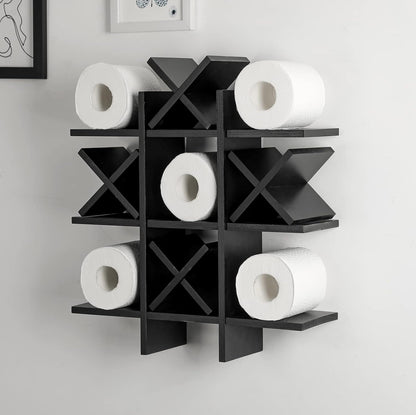 Weysat Rustic Wooden Tic Tac Toe Toilet Paper Holder - Freestanding Bathroom Decor & Storage