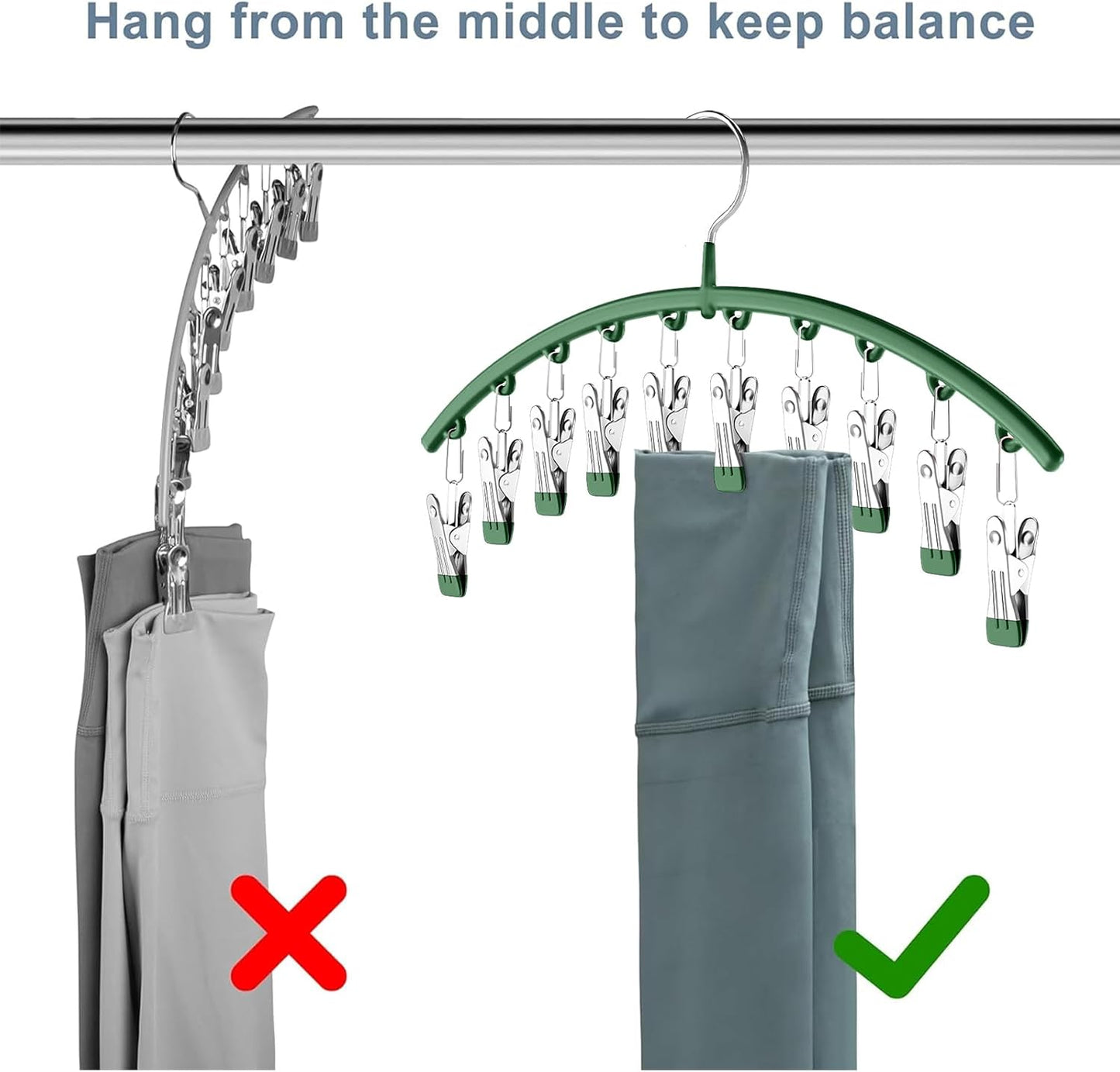 Skiennix Legging Organizer - Metal Yoga Pants Hangers with 10 Clips | Space-Saving Closet Storage, Green