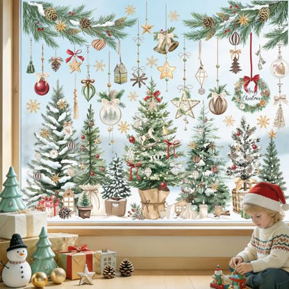 Christmas Window Clings Decals - Static Cling Xmas Trees & Balls, Boho Style