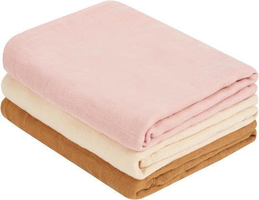 MIGIOL Muslin Swaddle Blankets - Soft Baby Essentials for Newborns | 47x47 Inches, 3-Pack (Pink & Coffee)
