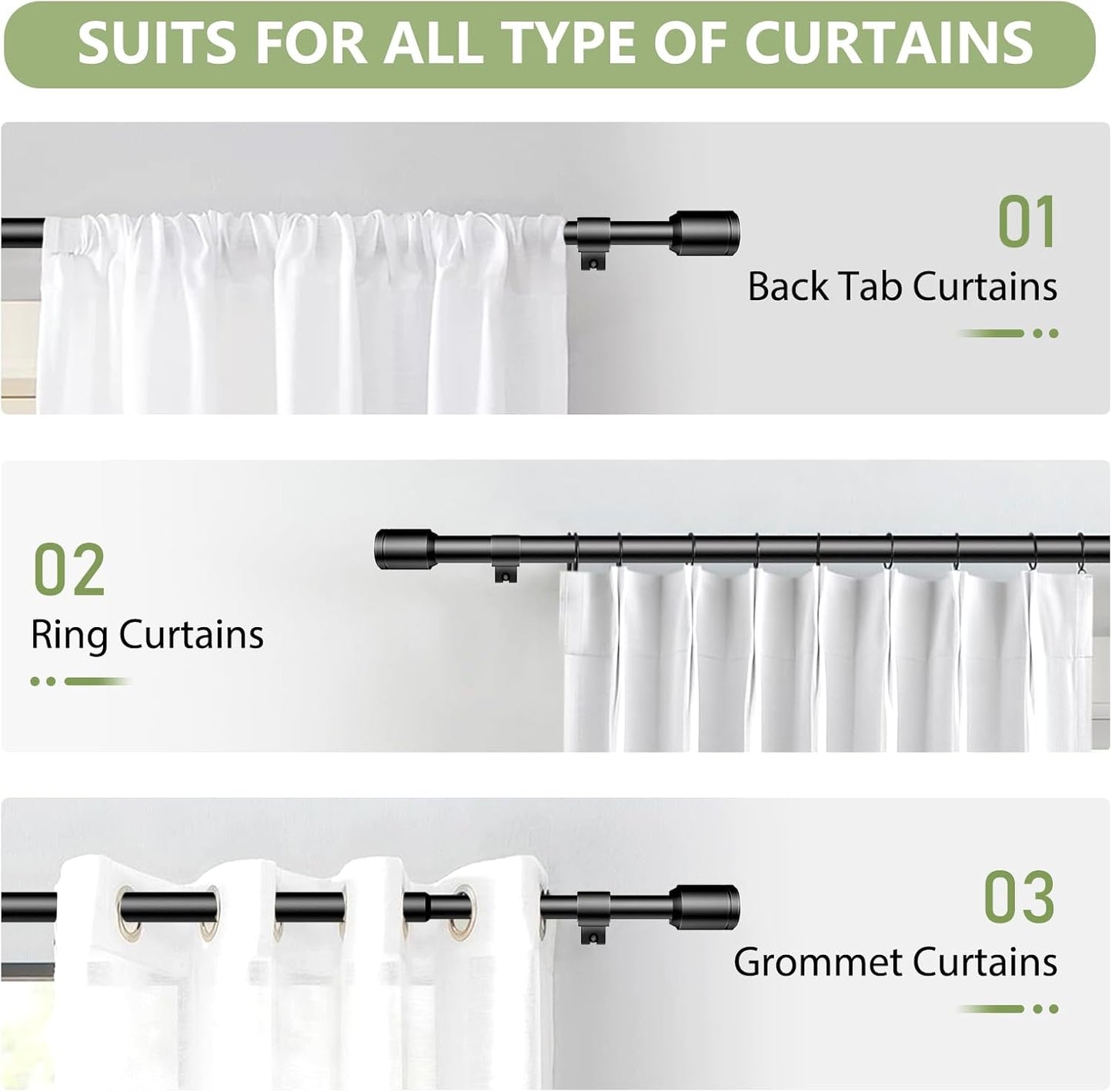 Adjustable Black Curtain Rods by [Brand Name] - 5/8” Diameter, 30-60 Inch for 30-54 Inch Windows