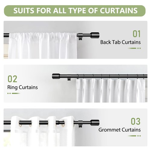 5/8” Diameter Curtain Rods 30-60 Inch, for 30-54 Inch Windows, Adjustable Splicing Black Curtain Rods for Windows with Brackets, Window Rod Long Small Curtains Rod, 2 Pack