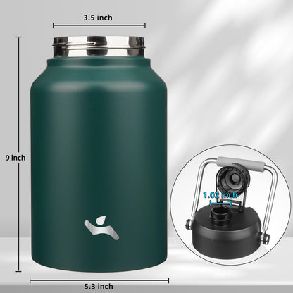 Half Gallon Jug with Handle,64oz Insulated Water Bottle with Carrying Pouch,Double Wall Vacuum Stainless Steel Metal Bottle,Dark Green