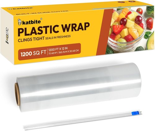 Katbite Plastic Wrap - 12 Inch x 1200 Ft Clear Food Service Film Roll with Removable Cutter for Easy Use