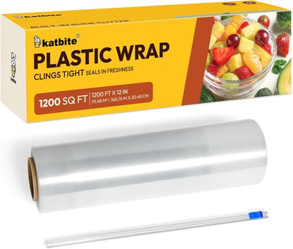 Katbite Plastic Wrap - 12 Inch x 1200 Ft Clear Food Service Film Roll with Removable Cutter for Easy Use