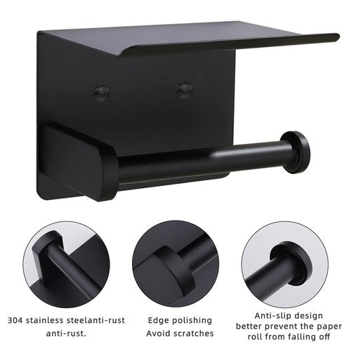 XDerln Toilet Paper Holder with Phone Shelf SUS 304 Toilet Paper Roll Holder - Wall Mounted Toilet Paper Roll Holder Adhesive Or Drilling Tissue Roll Holder with Shelf - Black Matte