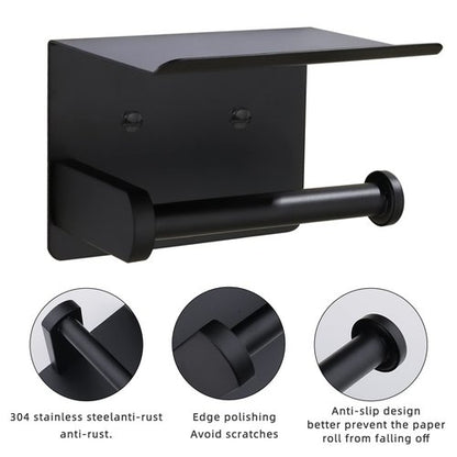XDerln Toilet Paper Holder with Phone Shelf SUS 304 Toilet Paper Roll Holder - Wall Mounted Toilet Paper Roll Holder Adhesive Or Drilling Tissue Roll Holder with Shelf - Black Matte