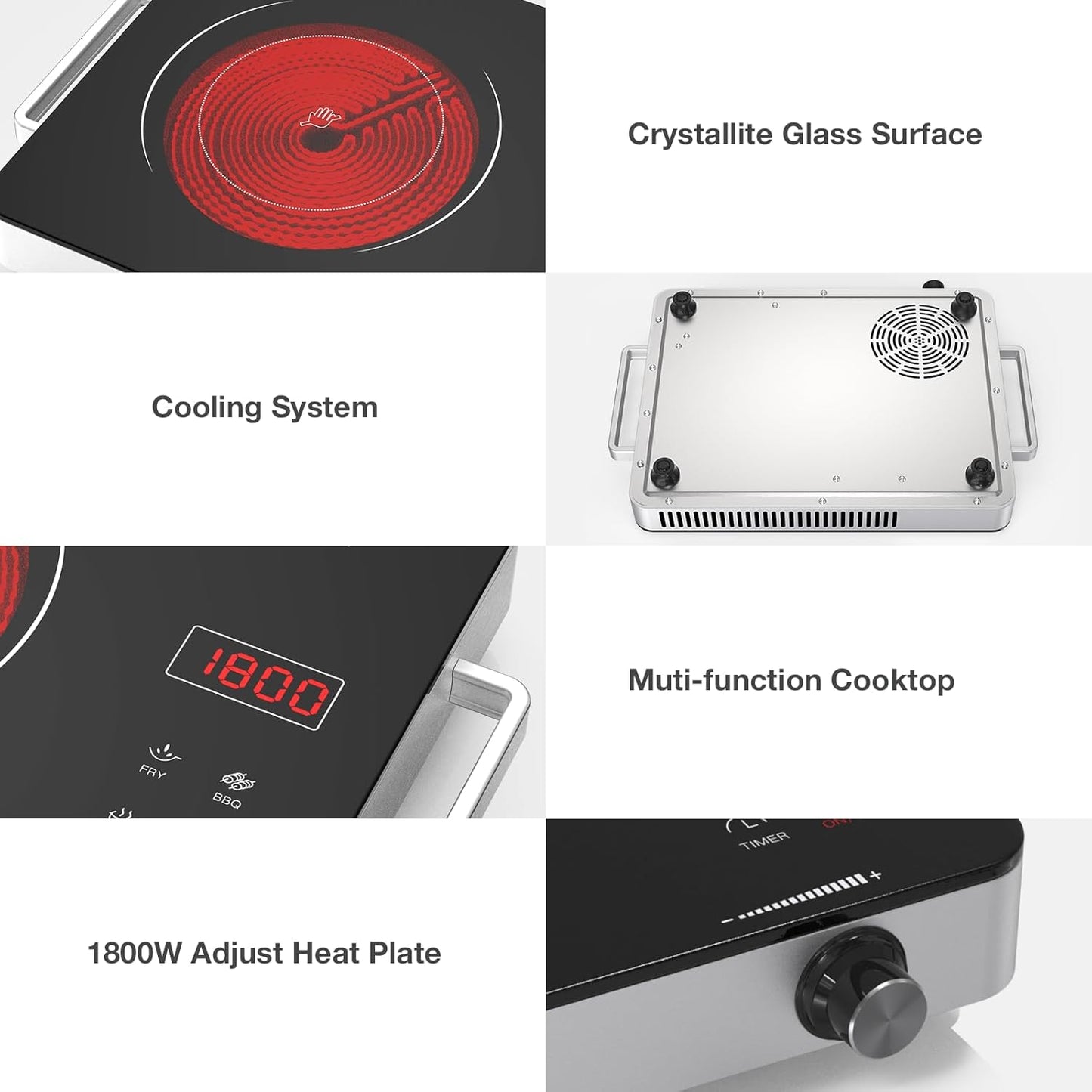 Nafewin Portable Electric Cooktop - 1800W Infrared Single Burner with Knob Control & 4-Hour Timer