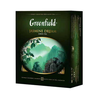 Greenfield Jasmine Dream Green Tea Collection Finely Selected Speciality Tea 100 Double Chamber Teabags With Tags in Foil Sachets