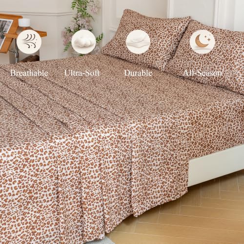 Queen 100% Cotton Leopard Sheet Set - Brown, Soft Breathable Bedding