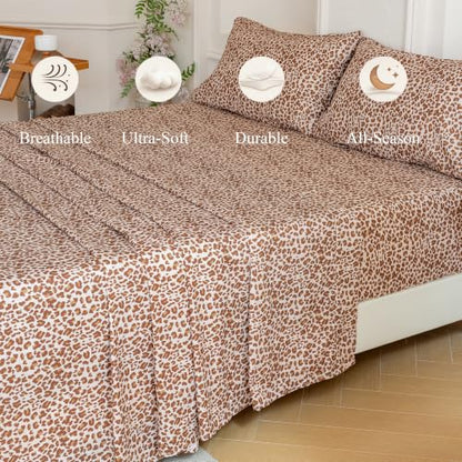 Queen 100% Cotton Leopard Sheet Set - Brown, Soft Breathable Bedding