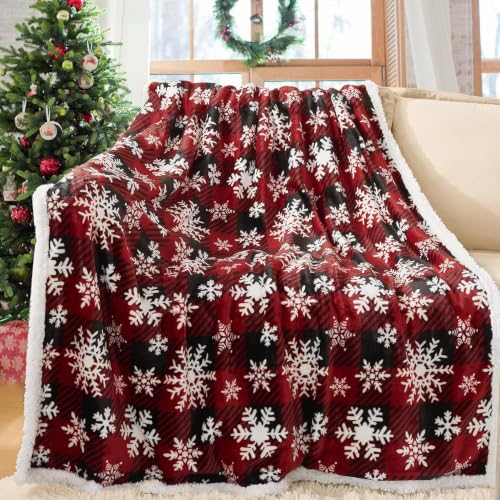 Twin Size Christmas Sherpa Blanket - Soft Flannel Fleece with Holiday Snowflake Design